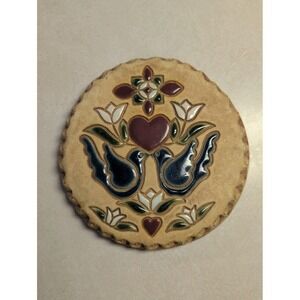 Jane Ashley Ceramic Bread Warmer Blue Bird Flower Heart Tile Trivet Plaque 5.5"